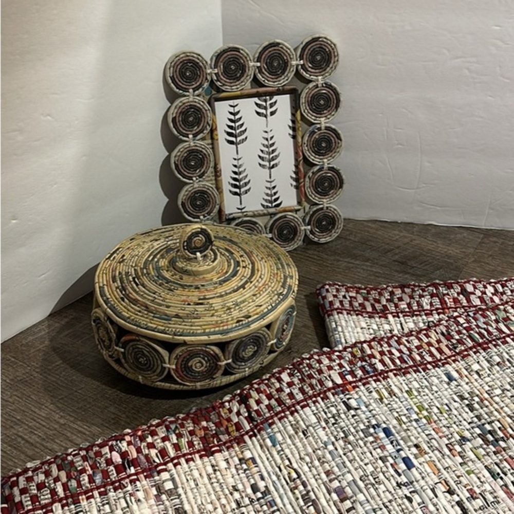 Handcrafted upcycled newspaper Decorative Set with Frame and Basket